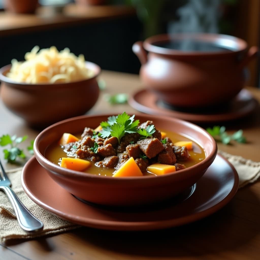 Plato hondo de barro con estofado de raíces andinas y carne de res en olla lenta, mostrando trozos dorados de yuca, batata y arracacha bañados en una salsa espesa y oscura, acompañados de culantro fresco y servidos sobre un mantel rústico de lino.