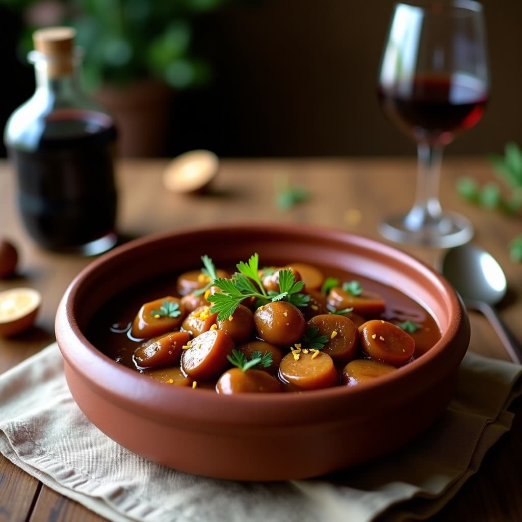 Estofado vegano de seitan y castañas con reducción de oporto en cuenco de barro, servido con perejil fresco y ralladura de naranja, sobre mesa rústica con fondo borroso de cocina portuguesa.