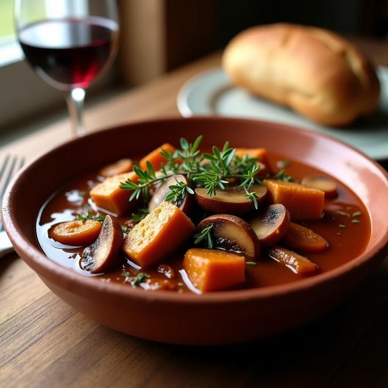 Estofado portugués de seitán y champiñones portobello en salsa de oporto, servido en un cuenco de barro rústico sobre una mesa de madera con una cuchara de madera y una copa de vino tinto al fondo.
