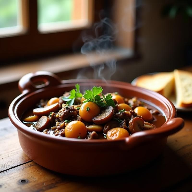 Cazuela de barro humeante con estofado de seitan y hongos shiitake en salsa de oporto, decorado con perejil fresco, sobre fondo rústico de madera.