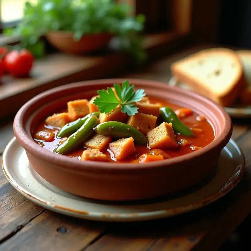 Estofado de seitan en trozos dorados y pimientos del padrón verdes en una cazuela de barro, con salsa espesa y aromática. Plato tradicional español alto en proteína, servido con pan rústico.