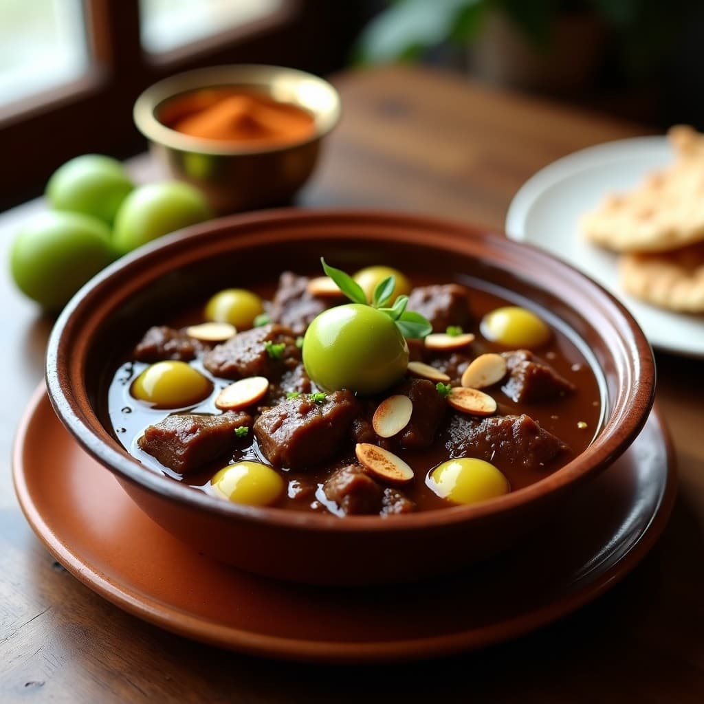 Estofado libanés de ternera en olla express con trozos de carne jugosa, ciruelas verdes enteras y especias baharat, servido en cuenco de barro con almendras fileteadas por encima.
