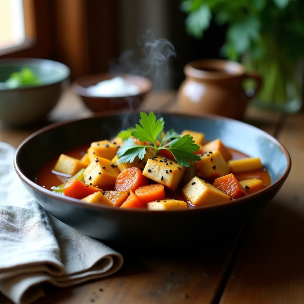 Estofado macrobiótico en olla lenta con trozos dorados de tofu, raíces de apio melosas, zanahorias y semillas de sésamo negro, servido en un bol de cerámica oscura con cilantro fresco.