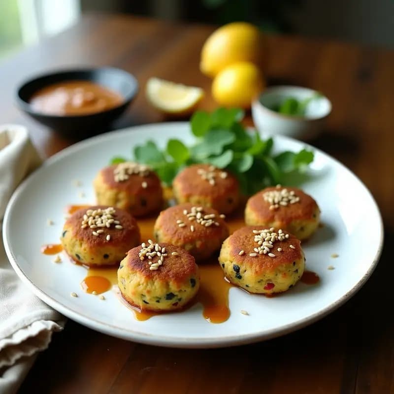 Plato de falafel de alcachofas al horno dorados y crujientes, servidos con salsa de ajo negro cremosa y decorados con semillas de sésamo, sobre fondo rústico de madera.