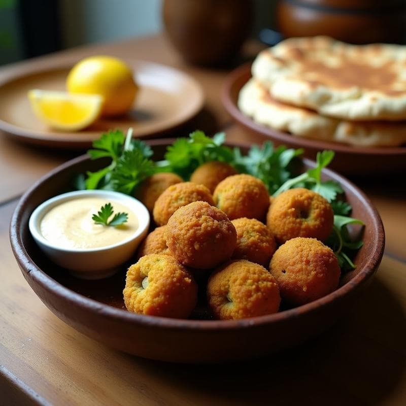 Plato de falafel de berenjena y garbanzos dorados, servidos en un bol de cerámica con salsa de tahini y limón, acompañados de pan de pita y rodajas de limón.