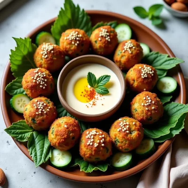 Plato de madera rústico con falafel crudo de almendras y hierbas, dorado y crujiente, decorado con semillas de sésamo, acompañado de salsa de tahini y rodajas de pepino. Receta libanesa sin cocinar, vegana y keto.
