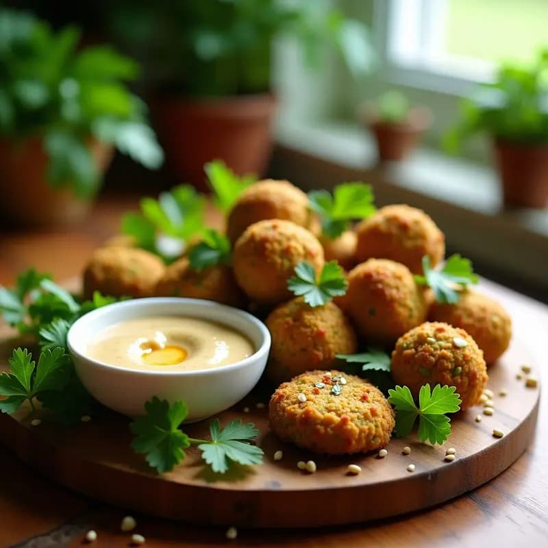 Plato de falafel crudo de garbanzos y hierbas deshidratado, dorado y crujiente, acompañado de salsa de tahini cremosa y vegetales frescos como pepino y zanahoria rallada. Receta vegana y sin cocción.