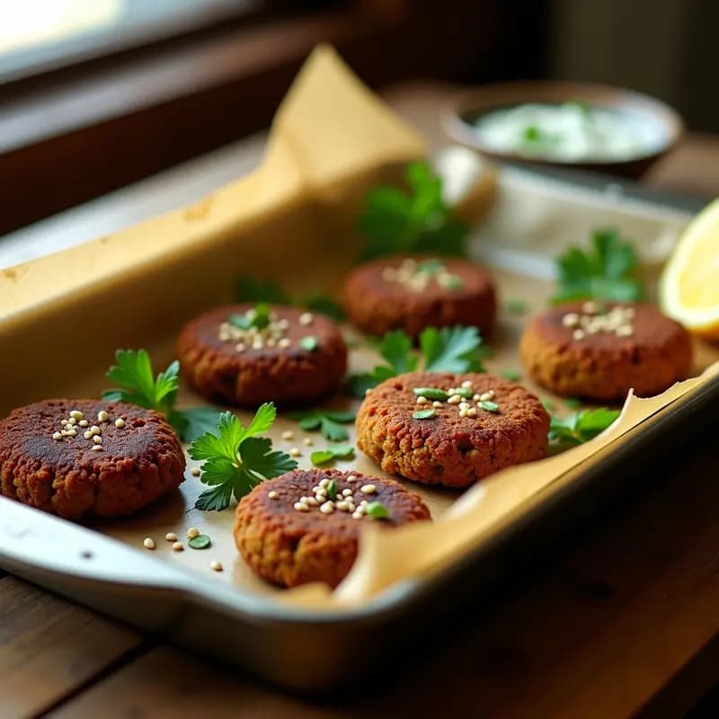Bandeja de horno con falafel de garbanzo negro dorados y crujientes, espolvoreados con semillas de sésamo, servidos sobre papel de horno con hojas de perejil fresco y rodajas de limón al lado. Receta egipcia vegana y sin fritura.