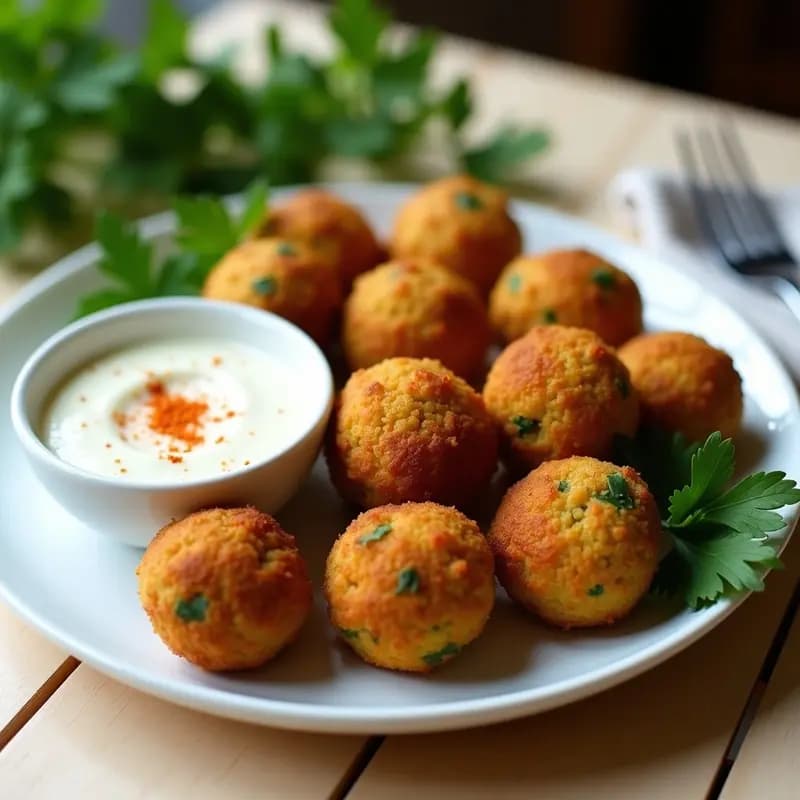 Falafel dorado y crujiente de garbanzo y perejil servido en plato blanco con salsa de yogur cremosa y hierbas frescas, aperitivo árabe en airfryer sin aceite.