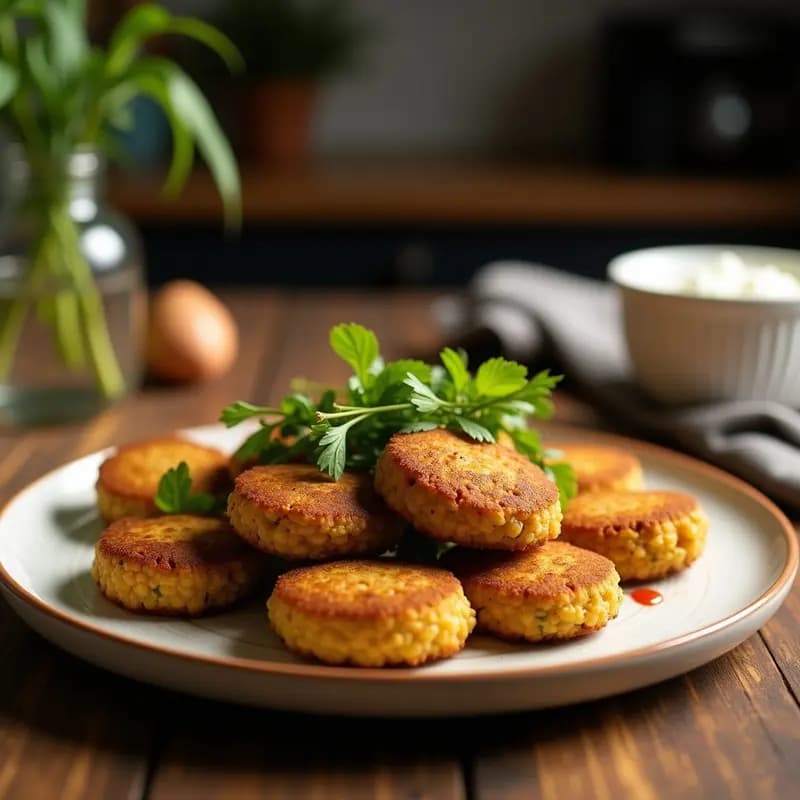 Plato de madera con falafel crudivegano de garbanzos germinados dorados, servidos sobre hojas de lechuga morada y acompañados de salsa de tahini cremosa y rodajas de limón. Receta árabe en deshidratador con especias visibles.