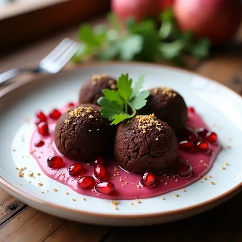Plato blanco con bolitas de falafel de garbanzos negros doradas y crujientes, acompañadas de una salsa rosa vibrante de granadas, decoradas con semillas rojas y hojas de cilantro fresco. Receta libanesa gourmet.