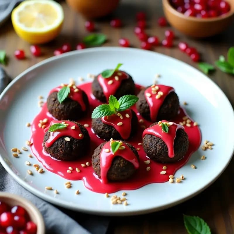 Plato blanco con falafel de garbanzos negros deshidratados, bañados en salsa de granado cremosa, decorados con semillas de sésamo y hojas de menta fresca. Receta libanesa antioxidante y crudivegana.
