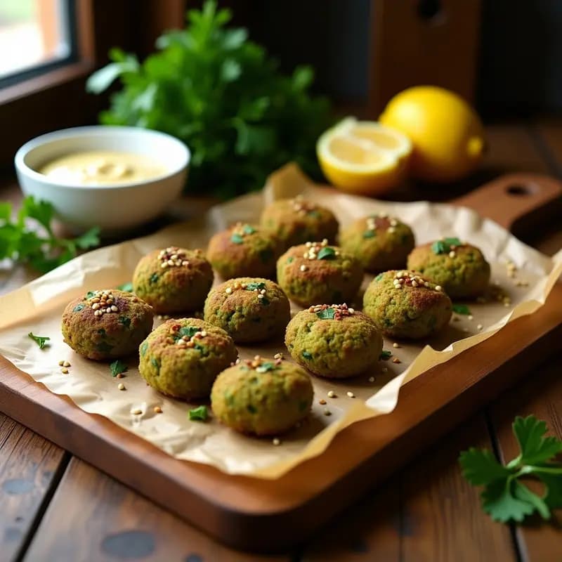 Bandeja de horno con falafel de garbanzos verdes dorados y crujientes, espolvoreados con semillas de sésamo, servidos con salsa de tahini y rodajas de limón, receta libanesa al horno sin aceite.