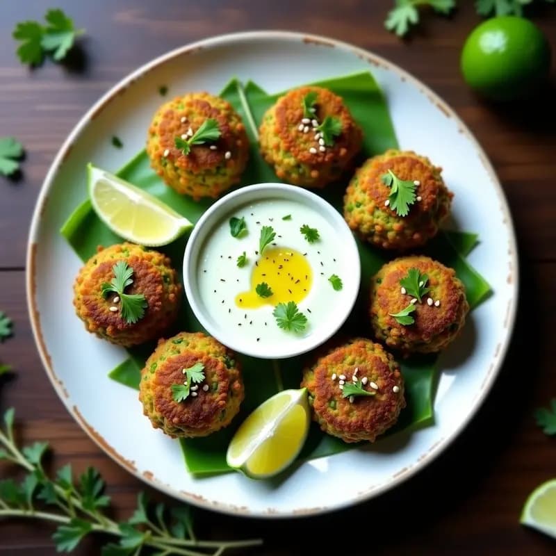 Plato de falafel de garbanzos verdes crudiveganos deshidratados, dorados y crujientes, acompañados de una salsa cremosa de ajo negro y lima en un cuenco de cerámica blanca. Decorado con semillas de sésamo, apio picado y rodajas de lima fresca sobre un fondo rústico de madera.