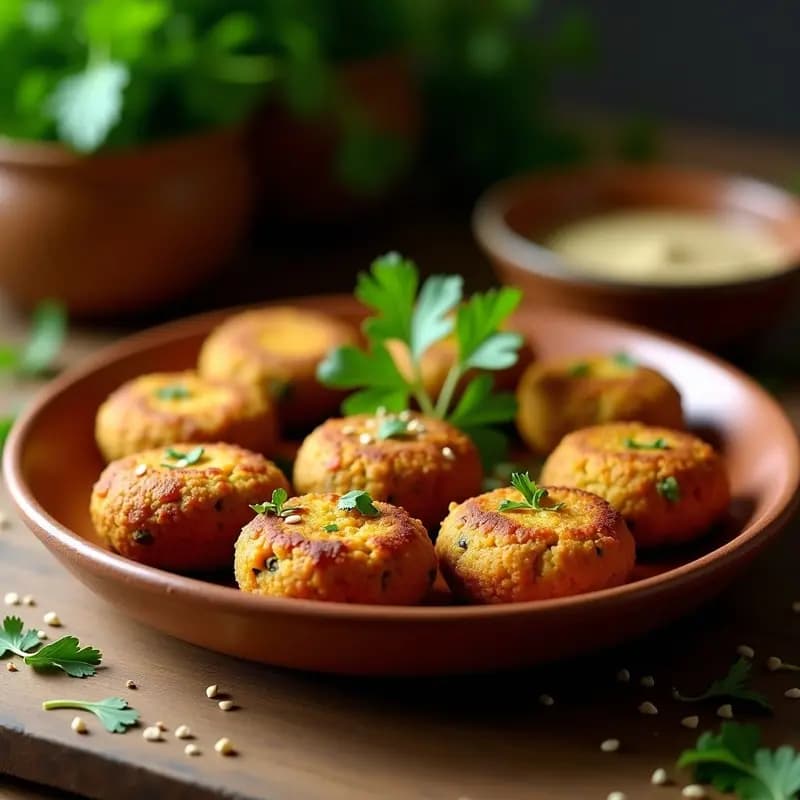 Falafel libanés de habas y cilantro dorados al horno, crujientes por fuera y tiernos por dentro, servidos en un plato de barro con semillas de sésamo tostadas y hojas de cilantro fresco.