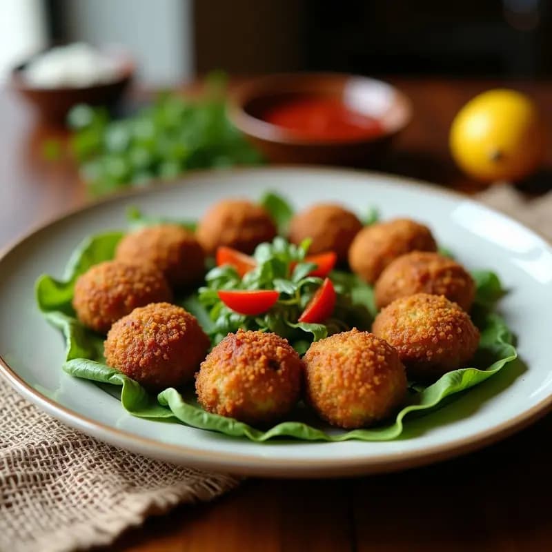 Plato de falafel de habas y cúrcuma doradas y crujientes, servidas en una fuente de barro con semillas de sésamo visibles, acompañadas de salsa de tahini y hierbas frescas.