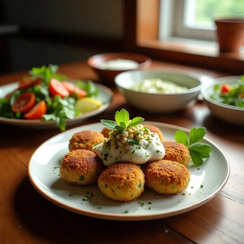 Plato vegano egipcio con falafel de habas crudas de color verde claro, ensalada de remolacha rallada morada y crema de yogur de soja blanco, decorado con semillas de sésamo y hojas de menta fresca sobre fondo rústico de madera.