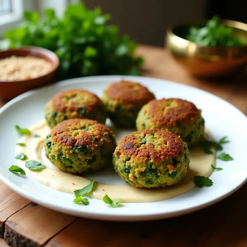 Plato de falafel de habas verdes y espinacas crudivegano en airfryer, dorados y crujientes, servidos con salsa de tahini y hierbas frescas sobre fondo rústico de madera.