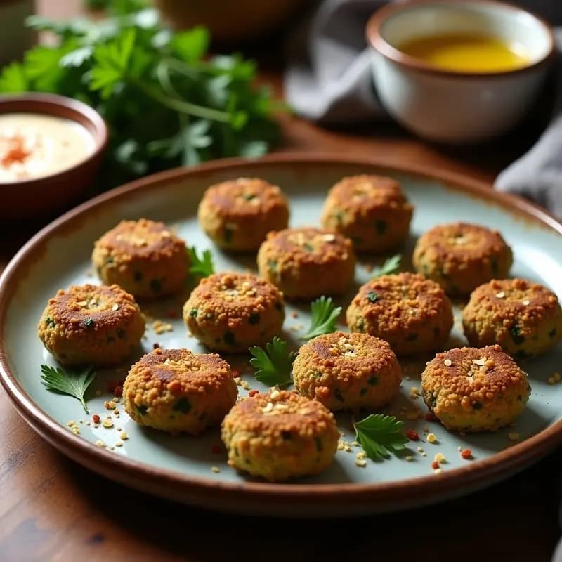 Bandeja de horno con falafel de habas y espinacas vegano dorado, albóndigas árabes crujientes con semillas de sésamo, servidos con salsa de tahini y hierbas frescas, receta saludable sin gluten.