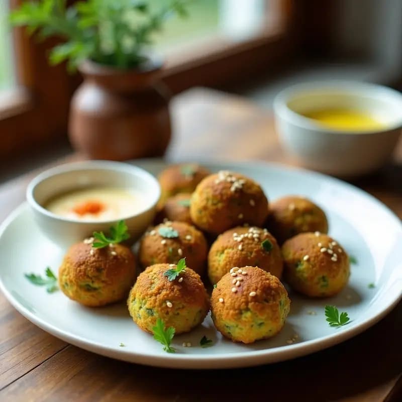 Falafel dorados y crujientes de habas y hierba Luisa servidos en un plato de cerámica blanca, acompañados de salsa de tahini y semillas de sésamo espolvoreadas. Receta árabe sin garbanzos en airfryer.