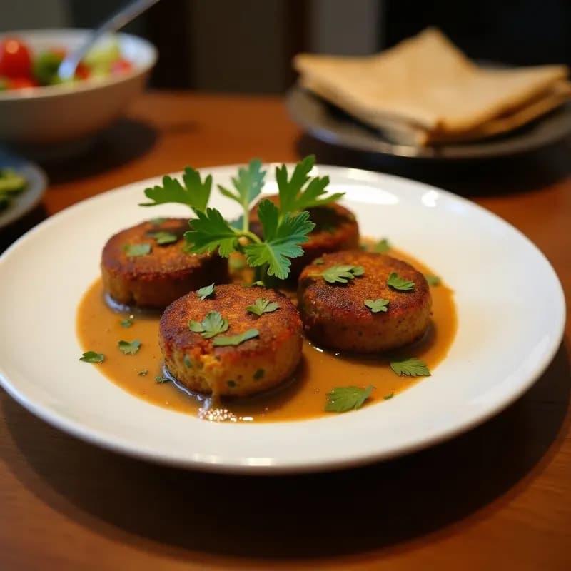 Plato blanco con falafel de habas dorado y crujiente, decorado con hojas de hierbabuena fresca y acompañado de salsa de tahini cremosa en un bol pequeño, receta siria en airfryer.