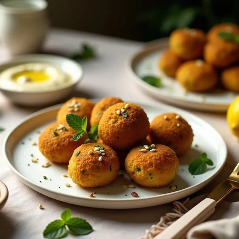 Croquetas doradas de falafel de habas y hierbabuena sobre un plato de cerámica blanca, acompañadas de un bol pequeño con salsa de tahini de limón negro. Decoradas con hojas frescas de hierbabuena y semillas de sésamo. Receta egipcia vegana y sin gluten.