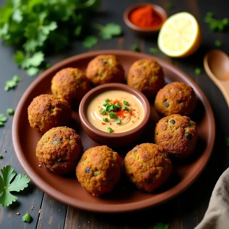 Falafel de habas negras al horno dorados y crujientes, servidos en un plato de barro con salsa de tahini, semillas de sésamo y hojas de perejil fresco. Receta egipcia crudivegana sin garbanzos.