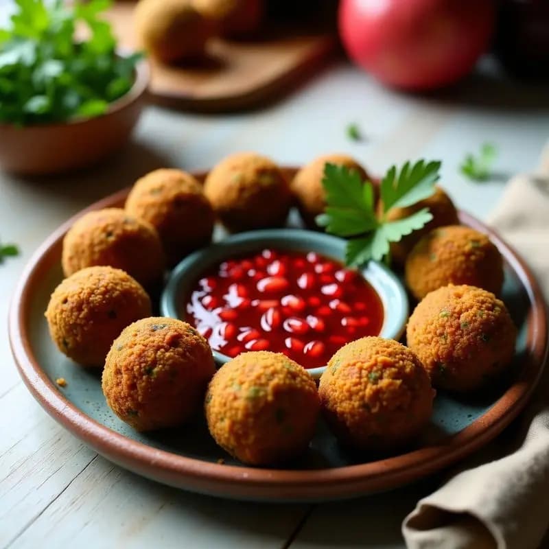 Plato de falafel de habas negros crudiveganos deshidratados, dorados y crujientes, servidos con una vibrante salsa de granados de color rojo intenso y decorados con semillas de granado y perejil fresco.
