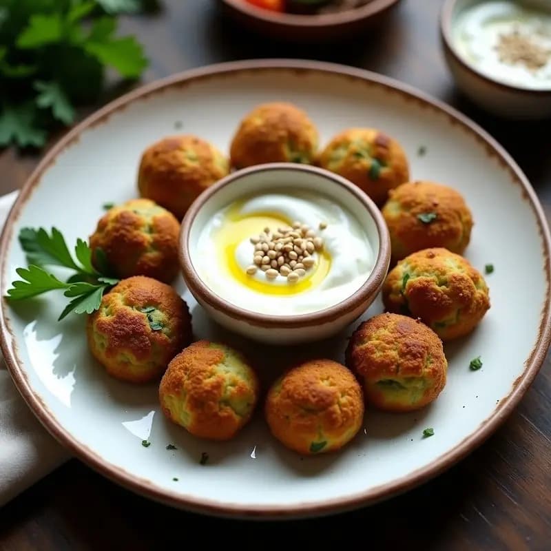 Bandeja de horno con croquetas doradas de falafel de habas y perejil, crujientes por fuera y esponjosas por dentro, acompañadas de un bol con dip cremoso de yogur de soja y semillas de sésamo, decoradas con hojas de perejil fresco.