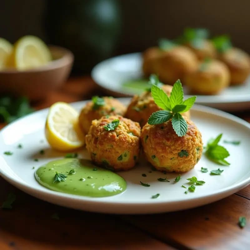 Plato de cerámica blanca con falafel de habas dorados y crujientes, salsa de mentah cremosa de color verde claro en un bol pequeño, decorados con semillas de sésamo y hojas de menta fresca. Aperitivo egipcio vegano y sin horno.