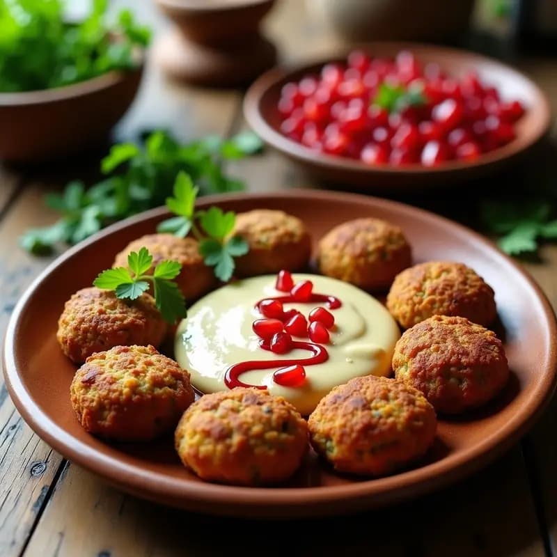 Plato de falafel dorados de habas con salsa cremosa de tahini y semillas de granada rojas brillantes, servidos en un plato de barro rústico con hierbas frescas al fondo. Receta de falafel de habas con tahini y granadas sin freír.