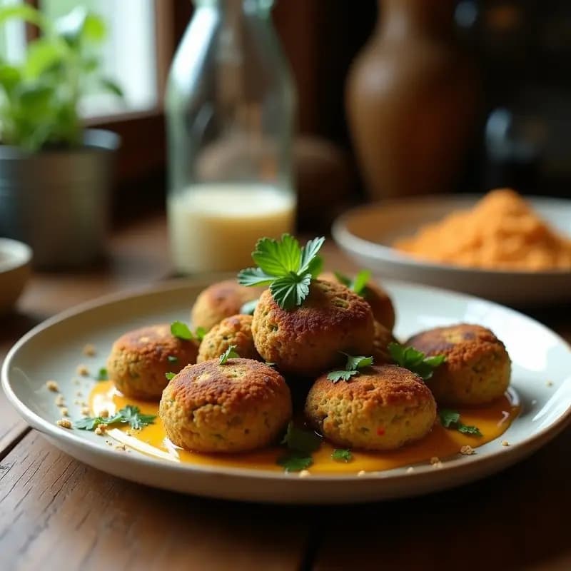 Plato oscuro con falafel dorado de habas, bañado en salsa cremosa de tahini y decorado con semillas de granado rojas brillantes. Receta egipcia vegana y sin fritura.