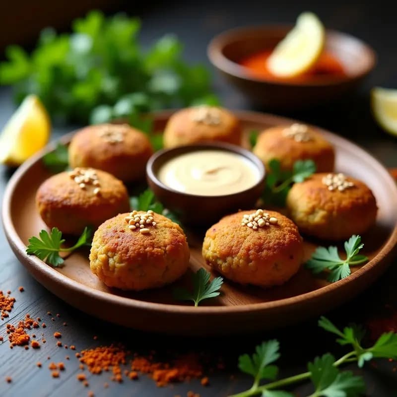 Falafel de habas tiernas con harina de garbanzo crudivegano, dorados y crujientes, dispuestos en un plato de madera rústico con semillas de sésamo visibles. Acompañados de hojas de cilantro fresco y rodajas de limón, con un fondo de especias y tahini.
