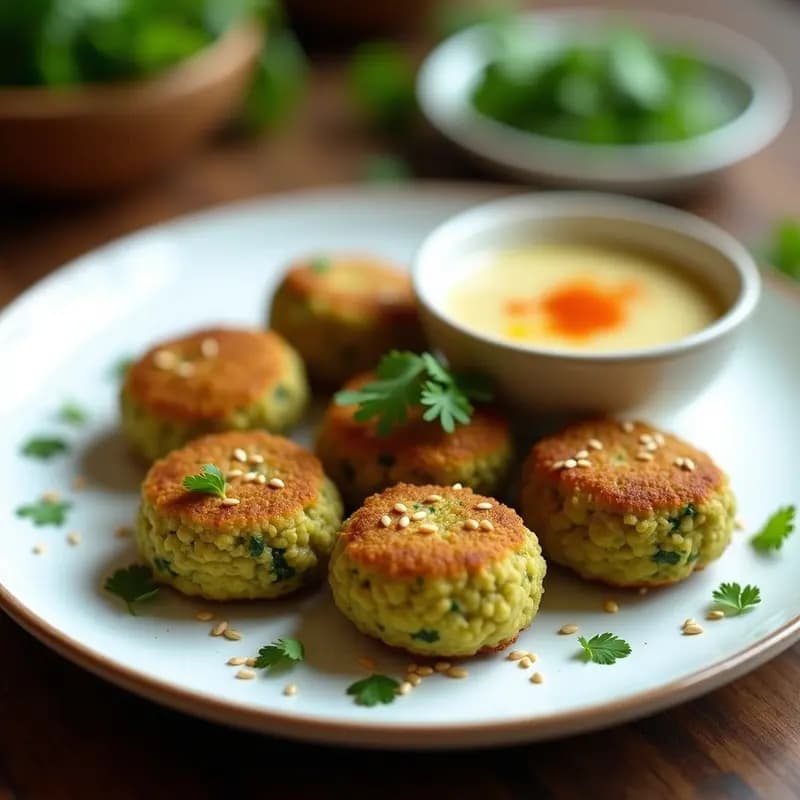 Croquetas de falafel de habas verdes y cilantro doradas y crujientes servidas en un plato blanco con salsa de tahini y decoradas con semillas de sésamo y hojas de cilantro fresco, receta árabe sin gluten en airfryer.
