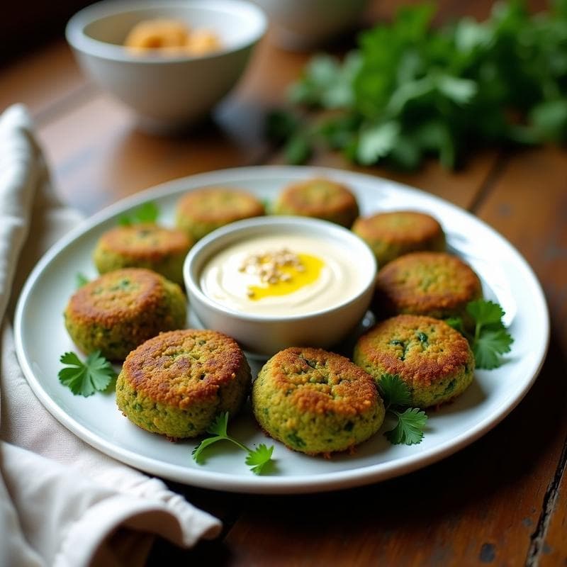 Plato blanco con falafel de habas verdes y cilantro dorados en airfryer, servidos con dip de tahini cremoso y semillas de sésamo, decorados con hojas de cilantro fresco.