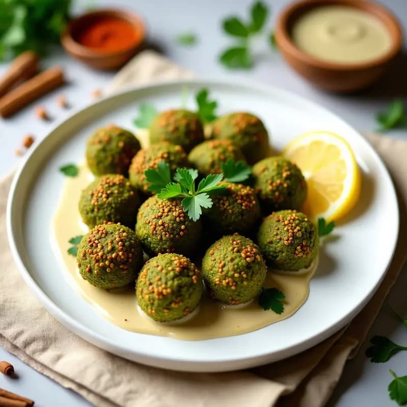 Plato de falafel de habas verdes y cilantro crudivegano, con textura rugosa y dorada por fuera, servidos sobre un plato de cerámica blanca con salsa de tahini cremosa, decorados con hojas de cilantro fresco y gajos de limón, fondo de tela de lino beige con especias árabes al lado.