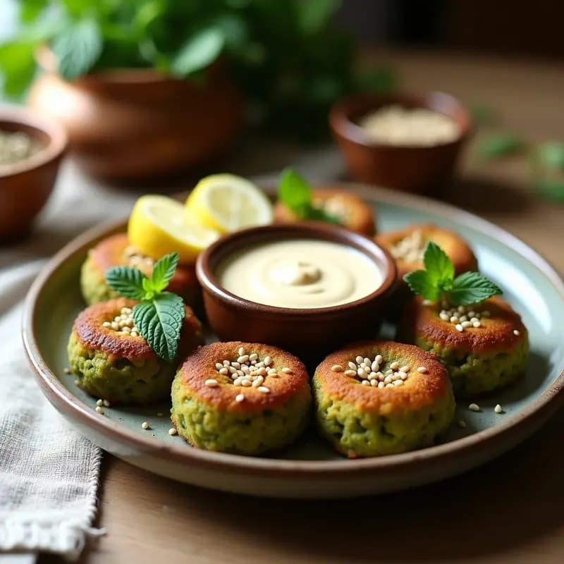 Plato de falafel de habas verdes y hierbas egipcio crudivegano, dorado y crujiente, servido con salsa de tahini y decorado con hierbas frescas y semillas de sésamo.