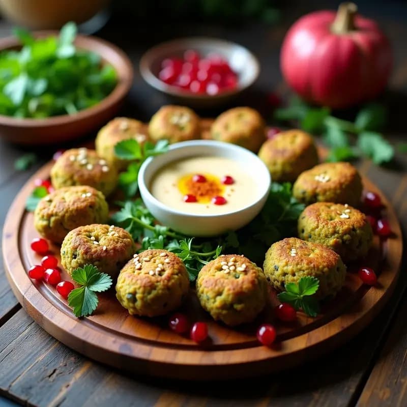 Plato de falafel crudivegano de habas verdes con forma de croquetas doradas, acompañadas de salsa cremosa de tahini y semillas de granado rojas brillantes, decorado con hojas de perejil fresco sobre fondo de madera rústica.