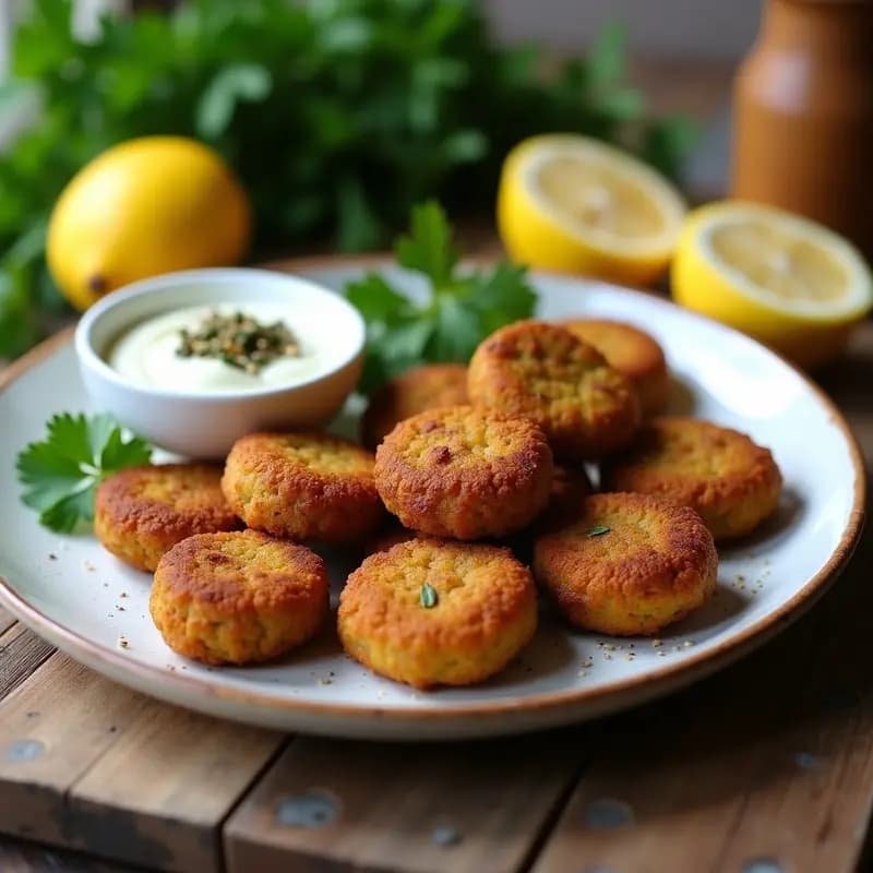 Falafel de habas dorados y crujientes dispuestos en un plato blanco rústico, acompañados de un bol con dip de yogur de soja cremoso espolvoreado con zaatar y semillas de sésamo. Fondos borrosos de hierbas frescas y limones cortados.