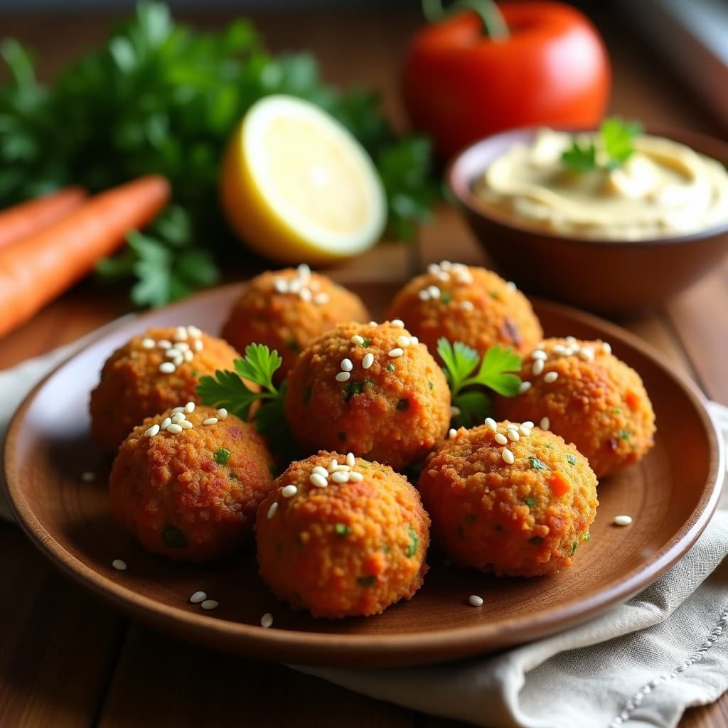 Falafel de habas y zanahoria dorados y crujientes en airfryer, con semillas de sésamo, servidos sobre un plato blanco con hierbas frescas y dip de tahini al fondo.