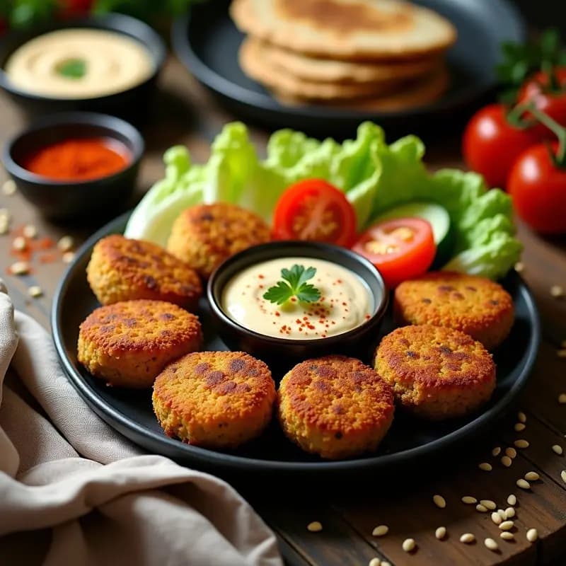 Plato de falafel al horno dorado y crujiente, acompañado de pan pita integral tostado relleno de hummus cremoso de almendras, lechuga fresca, rodajas de pepino y tomate cherry. Presentación colorida y apetecible de receta árabe vegana.