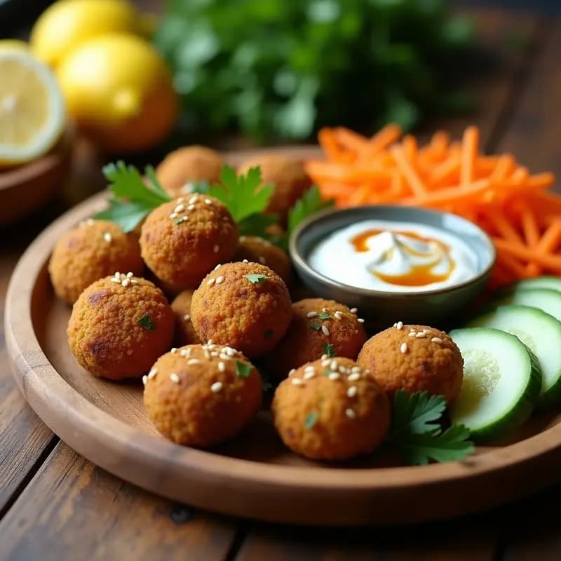 Plato de falafel al horno dorado y crujiente, servido con salsa cremosa de yogur de soja, decorado con semillas de granada y pasta de ajonjolí negro, sobre fondo rústico de madera.