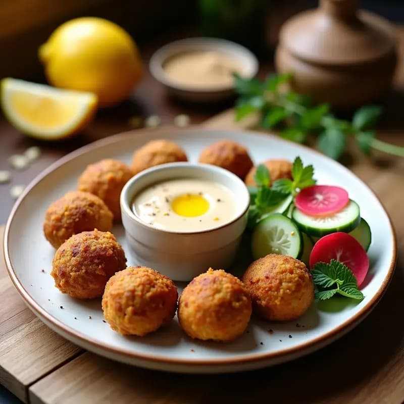 Plato de falafel al horno dorados y crujientes, acompañados de salsa de tahini cremosa y ensalada de rabanitos frescos con menta, receta de Oriente Medio sin fritura.