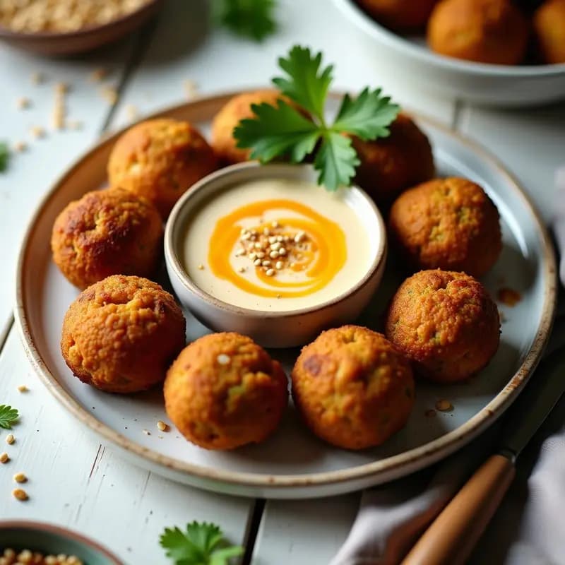 Plato de falafel al horno dorado y crujiente, acompañado de salsa de tahini cremosa con vetas de granadilla, decorado con semillas de sésamo tostadas. Receta árabe keto y sin harina.