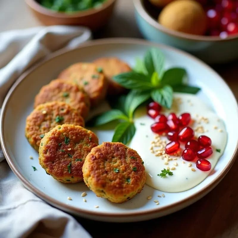 Plato de falafel al horno dorados y crujientes, acompañados de salsa de yogur cremosa con granos de granado rojos brillantes y semillas de sésamo espolvoreadas, receta de Oriente Medio sin freír.