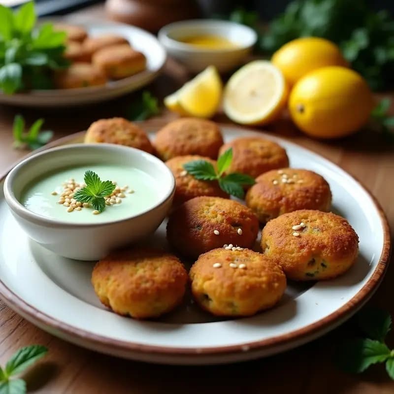 Plato blanco con falafel al horno dorados y crujientes, acompañados de un bol de salsa de yogur verde con hojas de menta fresca. Decoración con semillas de sésamo y rodajas de limón. Receta israelí de falafel al horno con salsa de yogur y menta.