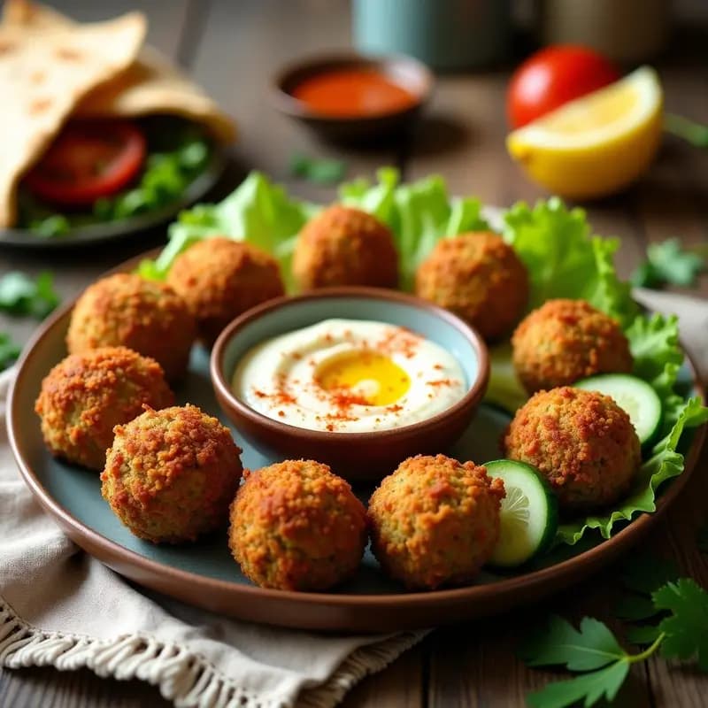 Plato de falafel libanés dorado y crujiente acompañado de hummus cremoso de garbanzos blancos con pimentón dulce, servido en pan pita integral relleno de lechuga, tomate y pepino. Receta vegana y alta en fibra.