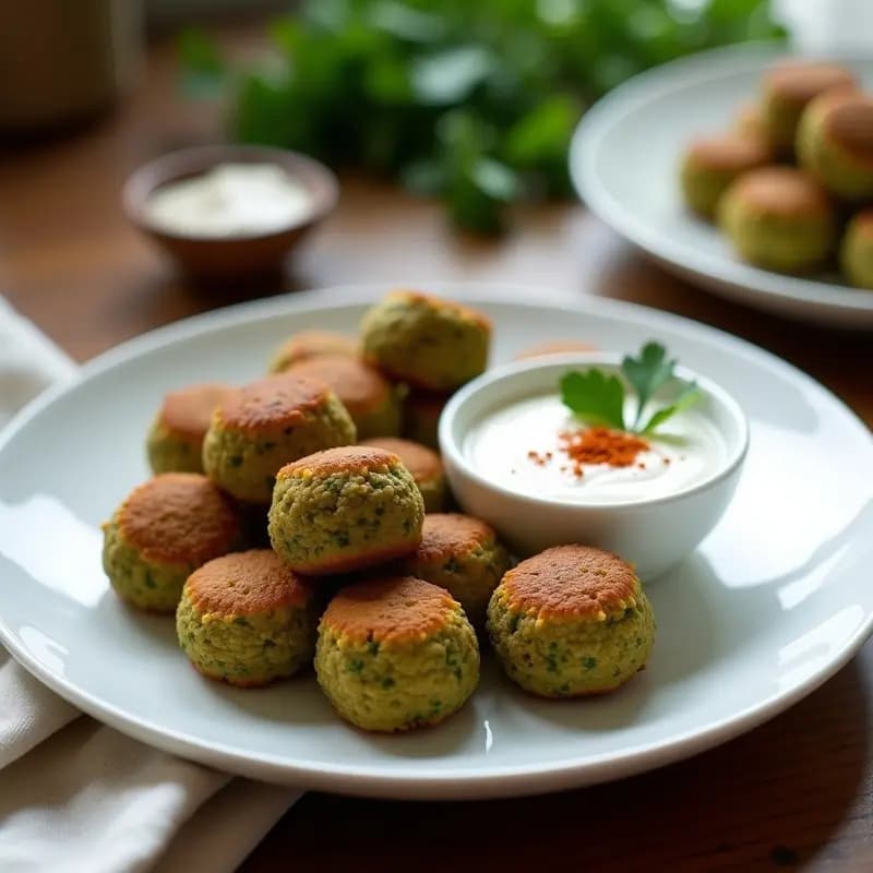 Falafel de lentejas verdes al horno dorados y crujientes, servidos en un plato blanco con salsa de yogur de soja cremosa y decorados con perejil fresco. Receta mediterránea sin fritura.