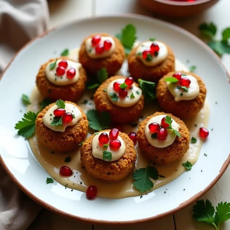 Plato de falafel crudivegano de lentejas rojas con textura dorada y crujiente, acompañado de salsa de tahini cremosa, semillas de granada rojas brillantes y un hilo de aceite de oliva sobre fondo rústico de madera.
