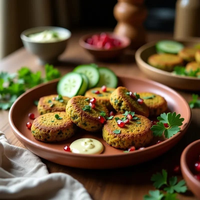 Falafel dorados y crujientes de lentejas verdes al horno, servidos en plato de cerámica con salsa de tahini, rodajas de pepino y granada, decorados con perejil fresco sobre fondo rústico de madera.